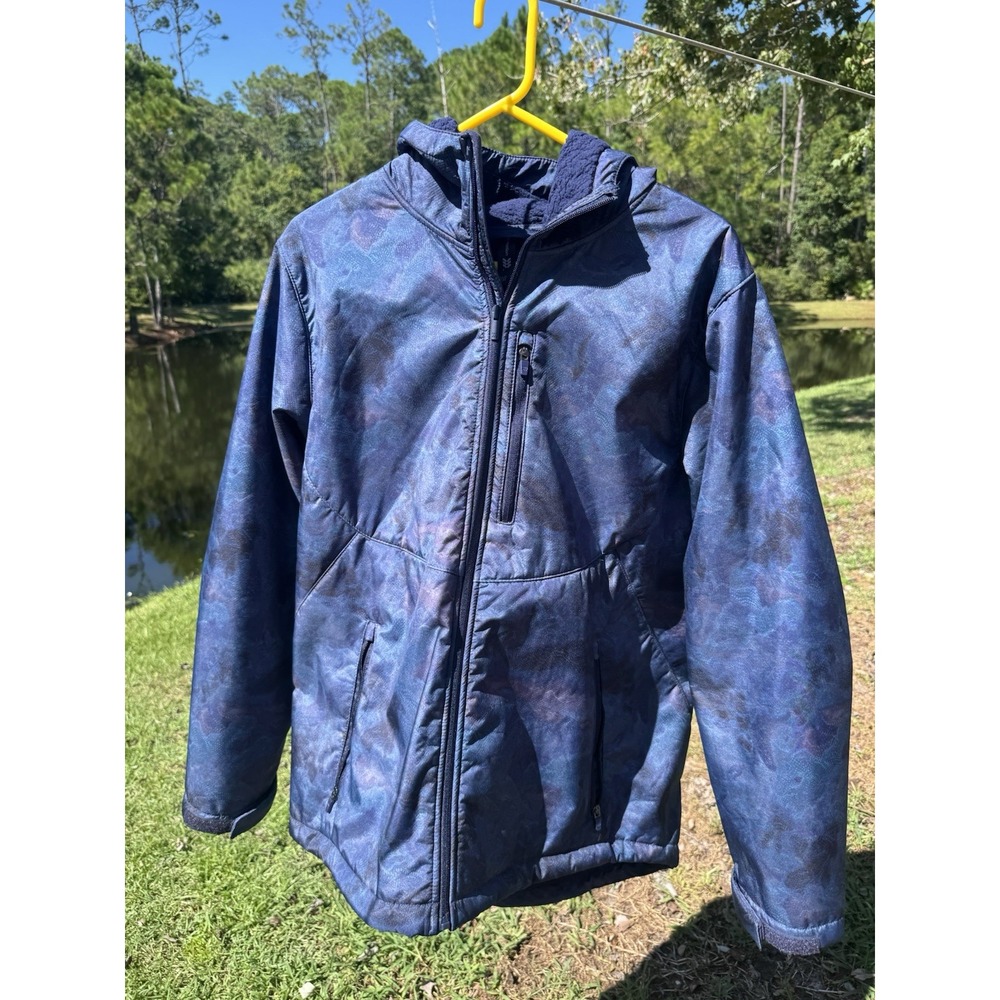 All In Motion Softshell Jacket Men Large Blue Camo Hooded Sherpa Lined Coated